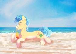 Size: 1063x752 | Tagged: safe, artist:tobiasking, imported from derpibooru, oc, oc only, oc:sea biscuit, beach, coat markings, cute, drink, freckles, gradient mane, lying down, male, not hitch trailblazer, prone, socks (coat markings), stallion