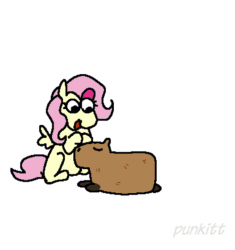 Size: 676x720 | Tagged: safe, artist:punkittdev, imported from derpibooru, fluttershy, rainbow dash, pegasus, pony, animated, capybara, dancing, duo, female, implied drugs, mare, open mouth, open smile, petting, simple background, singing, smiling, sound, speech bubble, sunglasses, text, webm, white background
