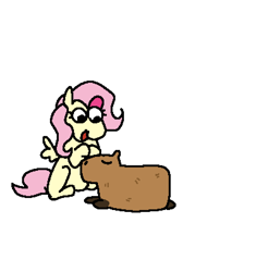 Size: 1536x1632 | Tagged: safe, artist:punkittdev, imported from derpibooru, fluttershy, pegasus, pony, capybara, cute, eyes closed, female, lying down, mare, open mouth, open smile, prone, simple background, sitting, smiling, solo, still frame, transparent background