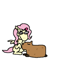 Size: 1536x1632 | Tagged: safe, artist:punkittdev, imported from derpibooru, fluttershy, pegasus, pony, capybara, eyes closed, faic, female, frown, lying down, mare, prone, simple background, sitting, solo, still frame, transparent background