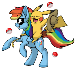 Size: 994x900 | Tagged: safe, artist:michifishu, imported from derpibooru, rainbow dash, pegasus, pikachu, pony, 2012, :d, crossover, duo, hat, necktie, old art, open mouth, open smile, poké ball, pokémon, riding, riding a pony, simple background, smiling, sunglasses, transparent background