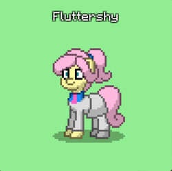 Size: 835x832 | Tagged: safe, imported from derpibooru, fluttershy, clothes, crystal curtain: world aflame, green background, necktie, pinpoint eyes, pixel art, ponytail, simple background, skirt, solo, suit, sweater, sweatershy