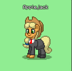 Size: 842x827 | Tagged: safe, imported from derpibooru, applejack, earth pony, pony, applejack's hat, clothes, cowboy hat, crystal curtain: world aflame, executive, green background, hat, necktie, pixel art, simple background, skirt, solo, suit