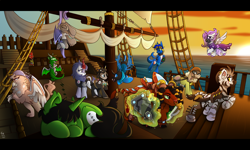 Size: 2500x1500 | Tagged: safe, artist:starcasteclipse, imported from derpibooru, oc, oc only, bat pony, changeling, donkey, dragon, griffon, hippogriff, kirin, sea pony, sheep, unicorn, yak, zebra, fallout equestria, armor, boat, group photo, pipbuck, ship