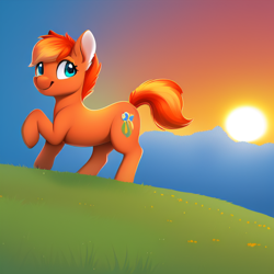 Size: 512x512 | Tagged: safe, imported from derpibooru, oc, oc only, earth pony, pony, ai assisted, ai content, ai generated, cute, generator:purplesmart.ai, generator:stable diffusion, meadow, one leg raised, prompter:sweetai belle, smiling, solo, sunset