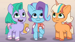 Size: 2160x1215 | Tagged: safe, imported from derpibooru, screencap, earth pony, pegasus, pony, unicorn, spoiler:g5, spoiler:my little pony: tell your tale, spoiler:tyts01e28, bow, cellphone, female, filly, foal, g5, glory (g5), my little pony: tell your tale, open mouth, peach fizz, phone, pippsqueak trio, pippsqueaks, pippsqueaks forever, seashell (g5), smartphone, smiling, tail, tail bow, trio