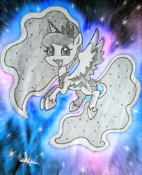 Size: 1536x1880 | Tagged: safe, artist:wojtek-ツ, imported from derpibooru, princess luna, alicorn, black and white, female, flying, glitter, lined paper, looking at you, mare, monochrome, partial color, pencil drawing, photoshop elements, reference used, sketch, smiley face, smiling, smiling at you, solo, spread wings, traditional art, wings