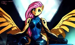 Size: 1280x768 | Tagged: safe, generator:ponydiffusion, imported from derpibooru, fluttershy, android, anthro, robot, ai content, ai generated, anime, catsuit, clothes, cybernetic pony, cyberpunk, female, generator:purplesmart.ai, generator:stable diffusion, green eyes, looking at you, solo, spread wings, wings