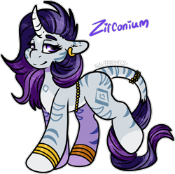 Size: 1596x1586 | Tagged: safe, artist:sexygoatgod, imported from derpibooru, oc, oc only, oc:zirconium, hybrid, pony, unicorn, zony, adoptable, bedroom eyes, bracelet, ear piercing, earring, female, jewelry, piercing, simple background, solo, transparent background