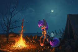 Size: 2261x1500 | Tagged: safe, artist:koviry, imported from derpibooru, oc, oc only, earth pony, pony, bag, campfire, dark souls 2, majula, moon, night, saddle bag, sitting, solo, stars, sword, tent, tree, weapon