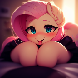 Size: 512x512 | Tagged: safe, imported from derpibooru, fluttershy, ai content, ai generated, clothes, ear fluff, fluffy, looking at you, tongue out