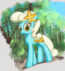 Size: 827x907 | Tagged: safe, artist:vultraz, imported from derpibooru, serena, earth pony, pony, clothes, female, flower, flower in hair, forest, looking at you, mare, skirt, solo, walking