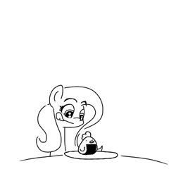 Size: 500x500 | Tagged: safe, artist:hotkoin, imported from derpibooru, fluttershy, bird, chicken, pegasus, pony, black and white, eyebrows, eyebrows visible through hair, female, food, grayscale, licking, licking lips, meat, monochrome, onigiri, plate, ponies eating meat, simple background, solo, table, tongue out, white background