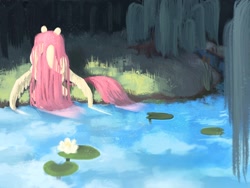 Size: 2048x1536 | Tagged: artist needed, source needed, safe, imported from derpibooru, fluttershy, pegasus, pony, female, flower, forest, hair over eyes, hair over face, lilypad, long mane, outdoors, sitting, solo, spread wings, washing, water, waterlily, willow, wings, wings down