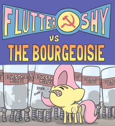 Size: 1280x1401 | Tagged: safe, artist:switchy, imported from derpibooru, fluttershy, pegasus, pony, barking, behaving like a dog, bourgeoisie, communism, female, hammer and sickle, mouthpiece, police, politics, riot shield, text