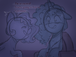 Size: 885x665 | Tagged: safe, anonymous artist, imported from derpibooru, pipp petals, pegasus, pony, unicorn, series:misty pov, cornrows, dialogue, duo, duo female, female, floppy ears, g5, grin, limited palette, mare, misty brightdawn, nervous, nervous grin, physique difference, skinny, smiling, thin