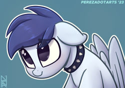 Size: 3200x2250 | Tagged: safe, artist:perezadotarts, imported from derpibooru, oc, oc:slipstream, pegasus, pony, behaving like a dog, blue pony, boofy, collar, dilated pupils, ears back, simple background, solo, spiked collar