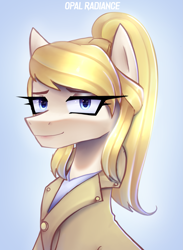 Size: 2047x2790 | Tagged: safe, artist:opal_radiance, imported from derpibooru, oc, oc:issabella, earth pony, pony, blonde, blue eyes, bust, clothes, female, jacket, mare, ponified, portrait, solo