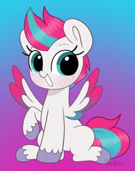 Size: 1365x1722 | Tagged: safe, artist:starbatto, imported from derpibooru, zipp storm, pegasus, pony, adorazipp, colored wings, cute, female, g5, gradient background, grin, happy, looking at you, mare, multicolored wings, raised hoof, signature, sitting, smiling, smiling at you, solo, spread wings, unshorn fetlocks, wings