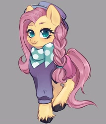 Size: 2400x2800 | Tagged: safe, artist:suracao, imported from derpibooru, fluttershy, pegasus, pony, alternate hairstyle, braid, clothes, cute, female, gray background, hat, high res, hipstershy, looking at you, mare, shyabetes, simple background, smiling, solo, unshorn fetlocks