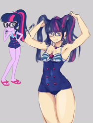 Size: 1200x1600 | Tagged: safe, artist:suracao, imported from derpibooru, sci-twi, twilight sparkle, human, equestria girls, alternate hairstyle, armpits, arms in the air, breasts, cleavage, clothes, female, gradient background, human coloration, one-piece swimsuit, sci-twi swimsuit, solo, swimsuit