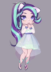 Size: 2000x2800 | Tagged: safe, artist:suracao, imported from derpibooru, starlight glimmer, human, chibi, clothes, cute, dress, eared humanization, eye clipping through hair, eyebrows, eyebrows visible through hair, female, glimmerbetes, gray background, high res, humanized, simple background, solo