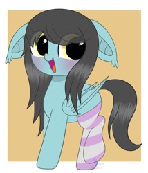 Size: 1304x1520 | Tagged: safe, artist:starbatto, imported from derpibooru, oc, oc only, oc:flower popen, bat pony, pony, bat ears, bat pony oc, bat wings, blushing, clothes, cute, eye clipping through hair, female, floppy ears, folded wings, looking at you, mare, ocbetes, open mouth, raised leg, signature, socks, solo, striped socks, wings