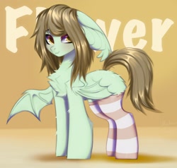 Size: 1884x1790 | Tagged: safe, artist:mysha, imported from derpibooru, oc, oc only, oc:flower popen, bat pony, pony, bat ears, bat pony oc, bat wings, chest fluff, clothes, cute, female, floppy ears, looking at you, mare, ocbetes, one wing out, signature, socks, solo, striped socks, wings