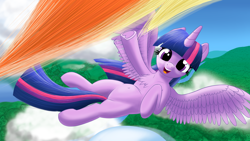 Size: 3840x2160 | Tagged: safe, artist:stellardust, imported from derpibooru, rainbow dash, twilight sparkle, alicorn, pegasus, pony, 4k, belly, belly button, chest fluff, cloud, cute, female, flying, high res, looking at you, mare, offscreen character, open mouth, open smile, pov, smiling, solo focus, twiabetes, twilight sparkle (alicorn), underhoof, waving