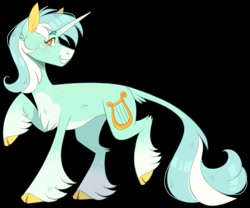Size: 1125x938 | Tagged: safe, artist:wanderingpegasus, imported from derpibooru, lyra heartstrings, classical unicorn, pony, unicorn, black background, cloven hooves, concave belly, horn, leonine tail, raised hoof, raised leg, simple background, solo, unshorn fetlocks