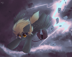 Size: 2500x2000 | Tagged: safe, artist:mysha, imported from derpibooru, derpy hooves, pegasus, pony, crying, female, flying, high res, letter, lightning, mare, signature, sky, solo, spread wings, wings