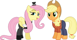 Size: 3608x1870 | Tagged: safe, artist:edy_january, edit, imported from derpibooru, vector edit, applejack, fluttershy, earth pony, pegasus, pony, applejack's hat, appleshy, balenciaga, balenciaga fashion show 2023, black west, clothes, cowboy hat, denim, duo, duo female, fashion, fashion style, female, france, hat, jeans, lesbian, link in description, long pants, looking at you, orange shirt, outfit, outfits, pants, shipping, shirt, shoes, simple background, t-shirt, toy, transparent background, united states, vector, white shirt