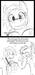 Size: 1280x2760 | Tagged: safe, artist:corevaluesart, imported from derpibooru, applejack, rainbow dash, earth pony, pegasus, pony, 2 panel comic, apple, comic, duo, food, laughing, monochrome, not what it looks like, oblivious, photo, simple background, sketch, white background