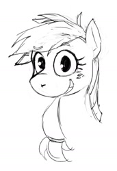 Size: 963x1410 | Tagged: safe, artist:corevaluesart, imported from derpibooru, applejack, earth pony, pony, bust, grin, hatless, missing accessory, monochrome, simple background, sketch, smiling, solo, white background