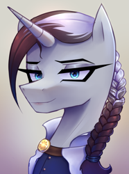 Size: 2003x2697 | Tagged: safe, artist:opal_radiance, imported from derpibooru, oc, oc only, oc:arcane nova, pony, unicorn, equestria at war mod, braid, braided ponytail, bust, eyebrows, female, gradient background, hair tie, high res, horn, lidded eyes, lipstick, looking at you, mare, new mareland, ponytail, portrait, redraw, smiling, smiling at you, solo, unicorn oc