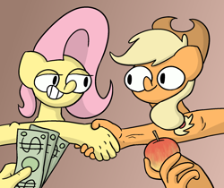 Size: 1280x1077 | Tagged: safe, artist:switchy, imported from derpibooru, applejack, fluttershy, anthro, earth pony, pegasus, apple, duo, female, food, gradient background, handshake, money, suddenly hands, wat