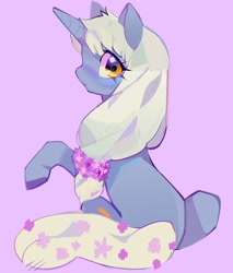 Size: 2640x3096 | Tagged: safe, artist:mulemount, imported from derpibooru, oc, oc only, pony, unicorn, female, flower, flower in tail, hair tie, looking at you, looking back, pink background, simple background, solo, tail
