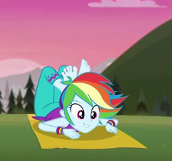 Size: 672x628 | Tagged: safe, edit, edited screencap, imported from derpibooru, screencap, rainbow dash, human, equestria girls, equestria girls series, sunset's backstage pass!, wake up!, spoiler:eqg series (season 2), clothes, cute, feet, female, gym, pants, pose, rainbow, relaxing, soles, solo, wake up!: rainbow dash, yoga, yoga pants