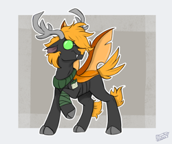 Size: 2480x2081 | Tagged: safe, artist:rutkotka, imported from derpibooru, oc, changeling, deer, hybrid, pony, antlers, clothes, cloven hooves, cute, glasses, hybrid oc, orange changeling, scarf, sketch, smiling, wings