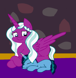 Size: 720x739 | Tagged: source needed, safe, artist:misty arcana(eva.zz), imported from derpibooru, opaline arcana, alicorn, pony, unicorn, duo, eyes closed, female, filly, filly misty brightdawn, foal, folded wings, g5, indoors, looking at someone, looking down, lying down, mama opaline, mare, misty brightdawn, nicealine, prone, sleeping, smiling, wings, younger