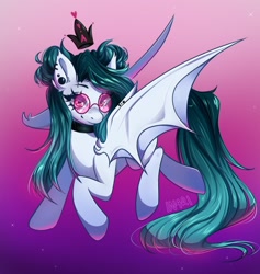 Size: 1738x1837 | Tagged: safe, artist:in4ri_, imported from derpibooru, oc, oc only, bat pony, pony, bat pony oc, bat wings, collar, cute, ear fluff, female, glasses, gradient background, mare, ocbetes, signature, smiling, solo, spread wings, wings