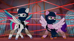 Size: 1280x720 | Tagged: safe, imported from derpibooru, screencap, pipp petals, zipp storm, pegasus, pony, spoiler:g5, spoiler:my little pony: tell your tale, spoiler:tyts01e51, duo, duo female, female, g5, laser, mare, mare family mare problems, my little pony: tell your tale, royal sisters (g5), siblings, sisters, spread wings, wings