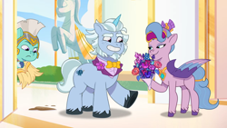 Size: 1280x720 | Tagged: safe, imported from derpibooru, screencap, queen haven, pegasus, pony, unicorn, spoiler:g5, spoiler:my little pony: tell your tale, spoiler:tyts01e51, alphabittle blossomforth, broom, dirt, female, flower, g5, male, mare, mare family mare problems, my little pony: tell your tale, pegasus royal guard, royal guard, stallion, thunder flap