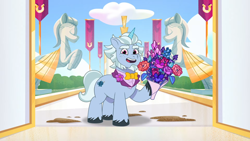 Size: 1920x1080 | Tagged: safe, imported from derpibooru, screencap, pony, unicorn, spoiler:g5, spoiler:my little pony: tell your tale, spoiler:tyts01e51, alphabittle blossomforth, bouquet of flowers, bowtie, clothes, flower, g5, male, mare family mare problems, my little pony: tell your tale, open mouth, open smile, smiling, solo, stallion, tuxedo