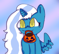 Size: 1034x948 | Tagged: safe, artist:blueberrymilkie, imported from derpibooru, oc, oc only, oc:fleurbelle, alicorn, pony, alicorn oc, female, horn, looking at you, mare, mouth hold, pumpkin bucket, solo, wings, yellow eyes