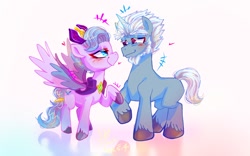 Size: 1200x750 | Tagged: safe, artist:jully-park, imported from derpibooru, queen haven, pegasus, pony, unicorn, spoiler:g5, spoiler:my little pony: tell your tale, spoiler:tyts01e51, alphabittle blossomforth, alphahaven, beard, blushing, crown, cute, duo, facial hair, female, g5, jewelry, looking at each other, looking at someone, male, mare, mare family mare problems, my little pony: tell your tale, regalia, shipping, spread wings, stallion, straight, that was fast, wings