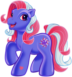 Size: 1890x2004 | Tagged: safe, artist:lightning stripe, derpibooru exclusive, imported from derpibooru, oc, oc only, oc:blackberry swirl, earth pony, pony, blue body, blue coat, earth pony oc, g3, hoof heart, open mouth, pink hair, pink mane, quadrupedal, raised hoof, simple background, smiling, solo, style emulation, tail, transparent background, two toned mane, two toned tail, underhoof, vector, watermark, white hair, white mane