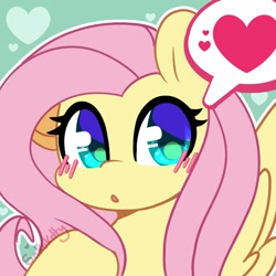 Size: 1200x1200 | Tagged: safe, artist:sakukitty, imported from derpibooru, fluttershy, pegasus, pony, blushing, cute, female, heart, looking at you, mare, open mouth, shyabetes, signature, solo