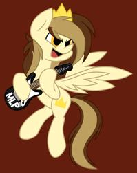 Size: 2131x2679 | Tagged: safe, artist:derpyalex2, imported from derpibooru, oc, oc only, oc:prince whateverer, pegasus, pony, brown background, crown, digital art, electric guitar, flying, guitar, jewelry, musical instrument, regalia, simple background, solo