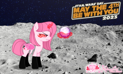 Size: 1825x1100 | Tagged: safe, artist:tanahgrogot, imported from derpibooru, oc, oc only, oc:annisa trihapsari, earth pony, hybrid, pony, 2023, angry, earth pony oc, female, magic, mare, may the fourth be with you, moon, signature, sith, solo, space, star wars, telekinesis
